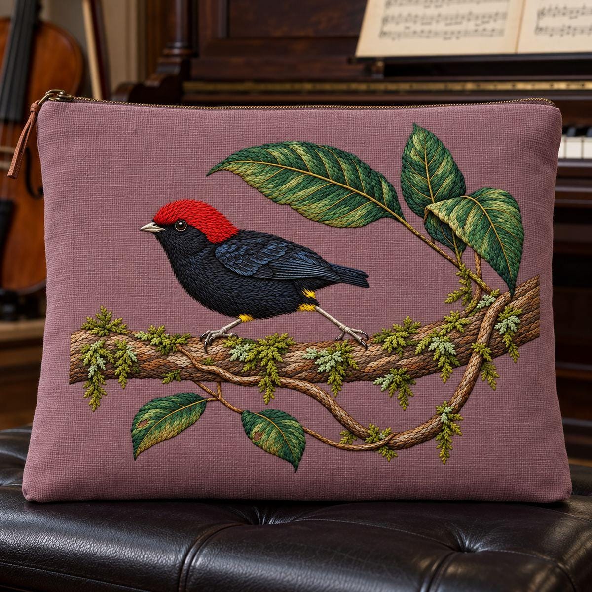Manakin embroidery design in a digital mockup of mauve fabric accessory case on a dark music-room bench. Placement inspiration for Study 17.