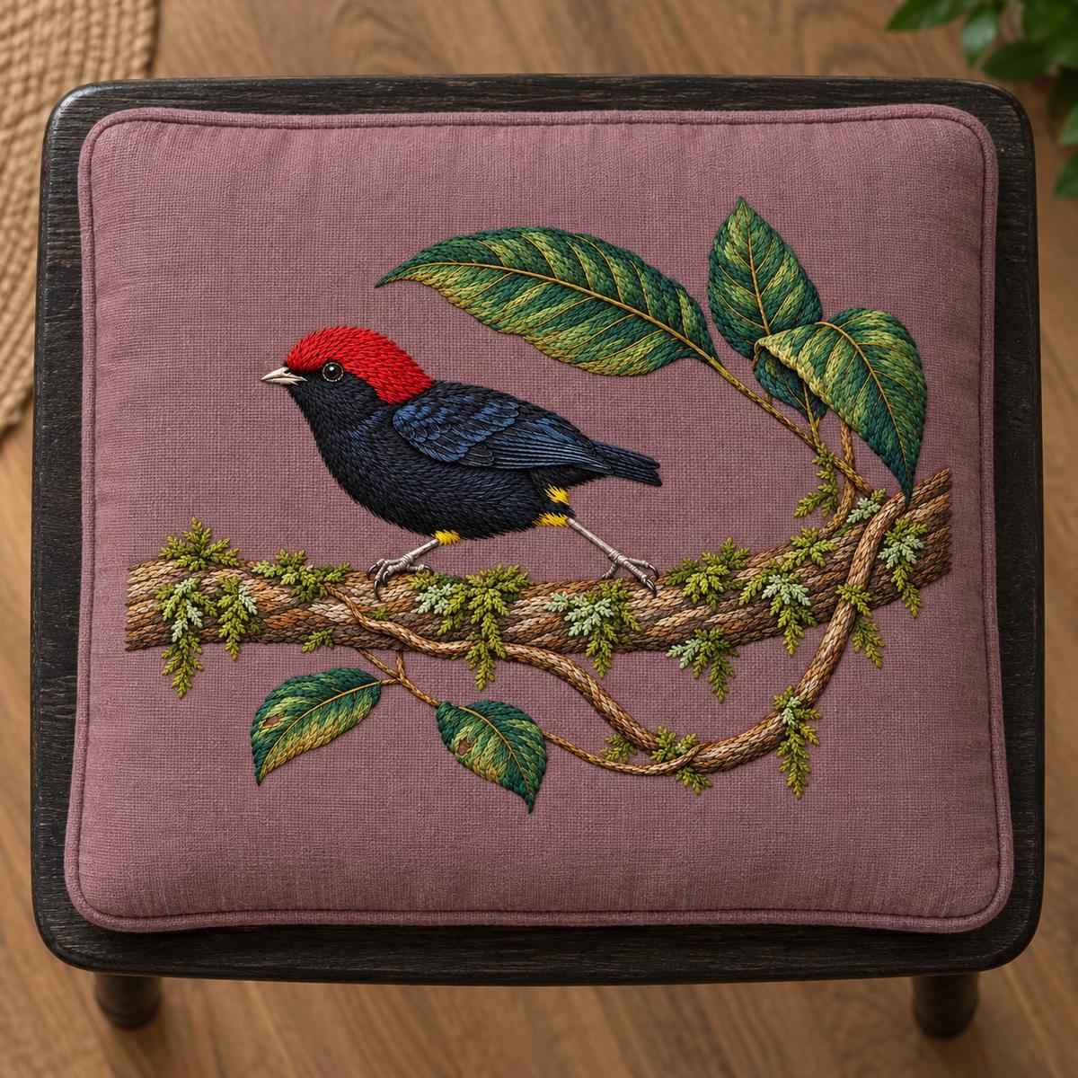 Manakin embroidery design in a digital mockup of mauve seat pad on blackened oak stool, directly overhead. Placement inspiration for Study 17.