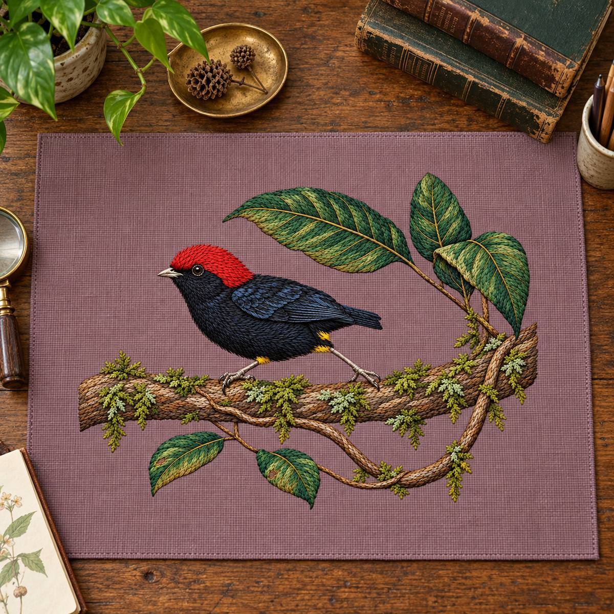 Manakin embroidery design in a digital mockup of mauve linen desk blotter in a naturalist study, directly overhead. Placement inspiration for Study 17.