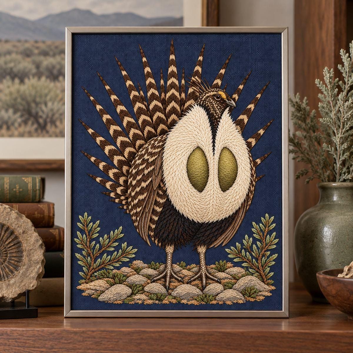 Sage Grouse embroidery design shown in a digital mockup of A rectangular portrait embroidery in a slim silver-coloured metal frame standing on a wide shelf in a modern natural-history study; softly blurred sage landscape print behind, no reflections over bird. Study 18.