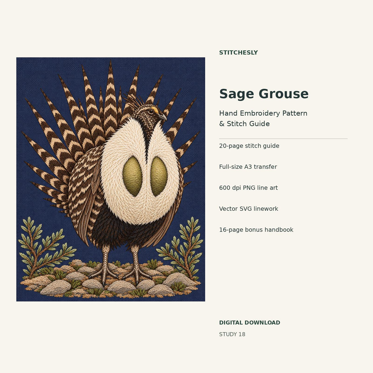 Sage Grouse hand embroidery digital package cover showing the reference artwork and included guide, transfer, PNG, SVG and bonus handbook.