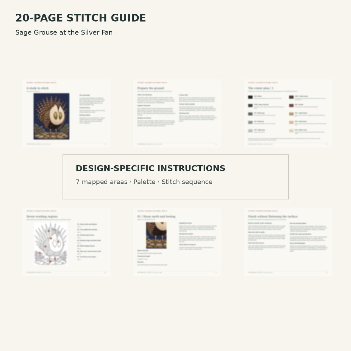 Protected page overview of the 20-page Sage Grouse stitch guide, including its numbered map, suggested palette and working sequence.