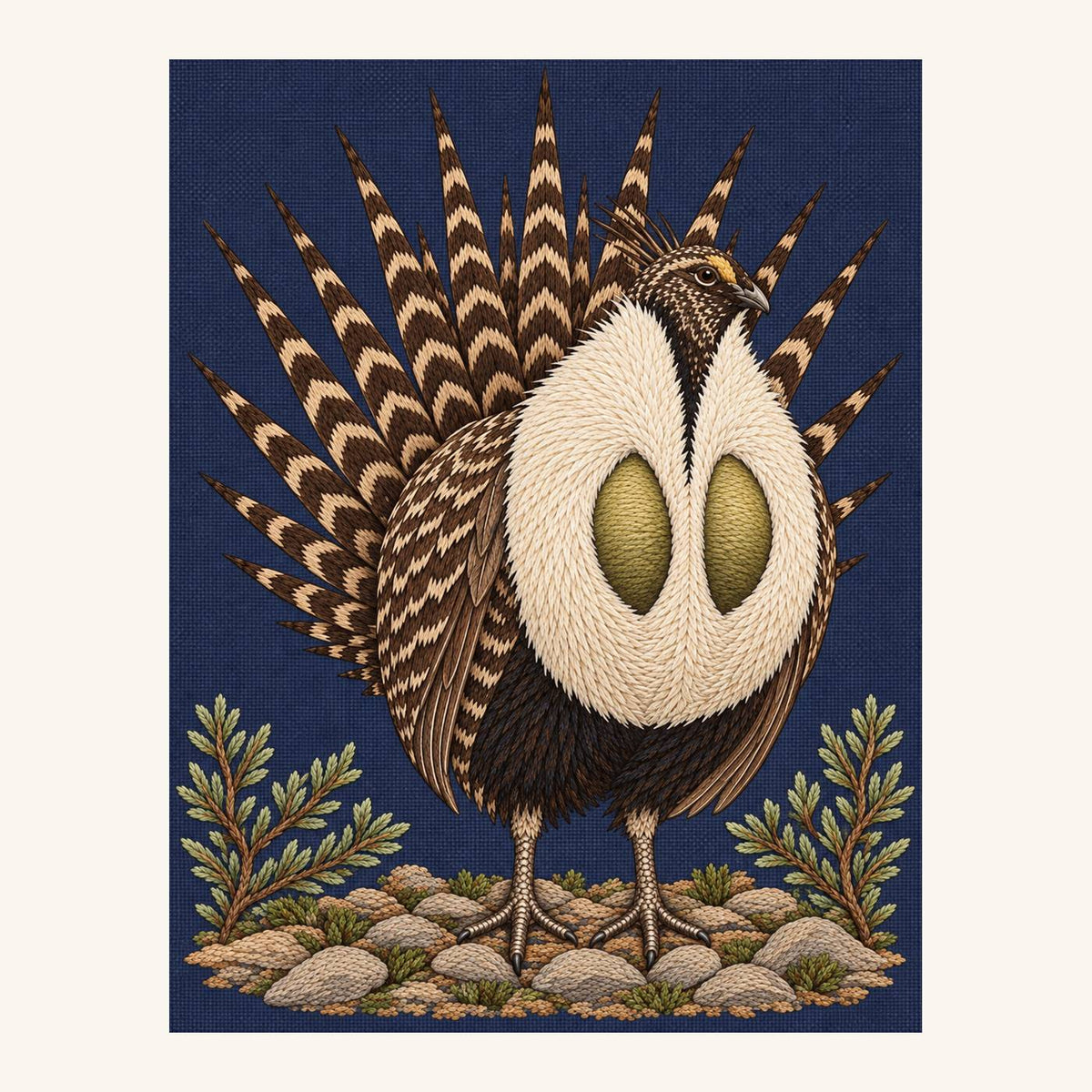 Digital embroidery reference showing a sage grouse with a pointed tail fan on smoky blue-plum linen, portrait composition.