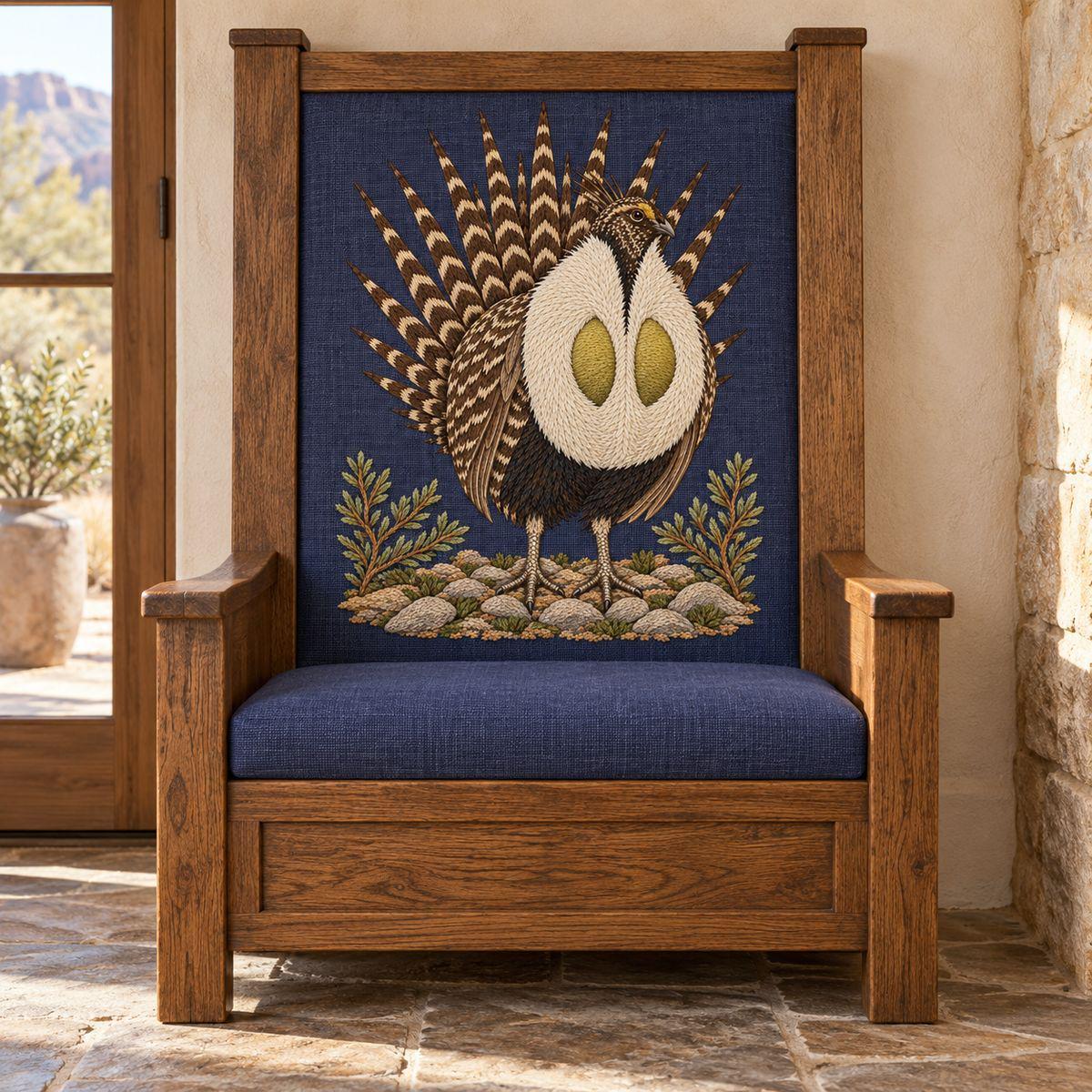 Sage Grouse embroidery design in a digital mockup of A tall smoky blue-plum textile panel set into a substantial oak entry-bench back, frontal camera; sunwashed high-desert house with stone floor and no objects blocking the feet. Placement inspiration for Study 18.