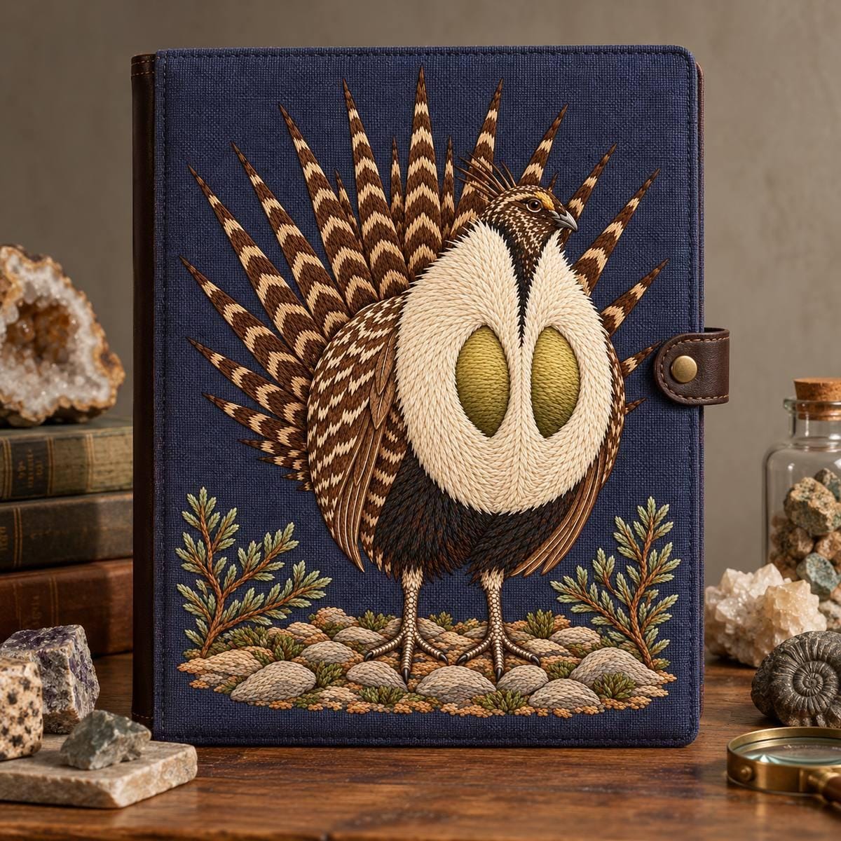 Sage Grouse embroidery design in a digital mockup of A large portrait cloth portfolio standing on a geological specimen desk, embroidered cover fully visible; small mineral specimens arranged outside its outline, warm grey background. Placement inspiration for Study 18.