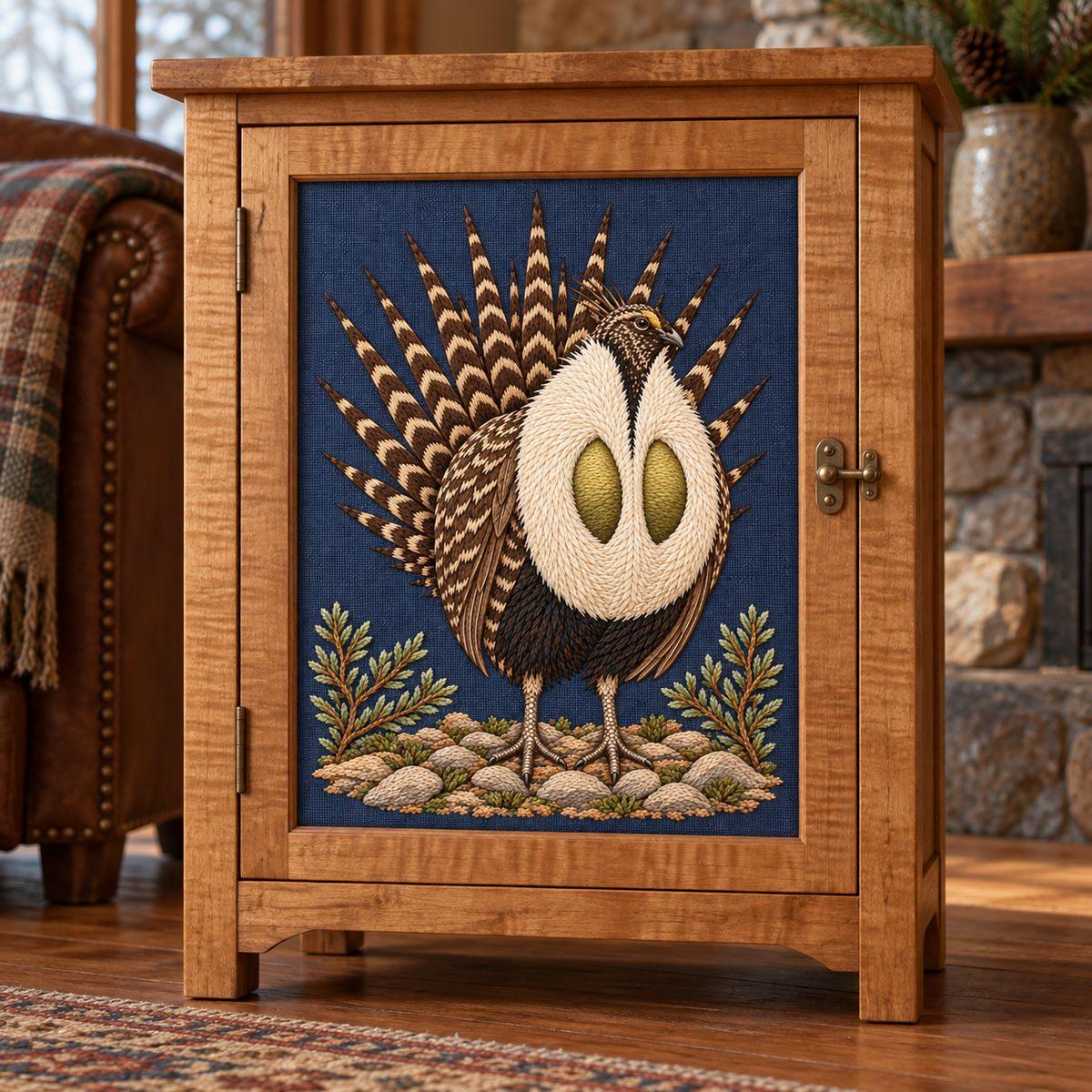 Sage Grouse embroidery design in a digital mockup of A portrait upholstered inset on a single freestanding maple cabinet door, small brass latch outside the embroidery, closed cabinet in a quiet lodge interior. Placement inspiration for Study 18.