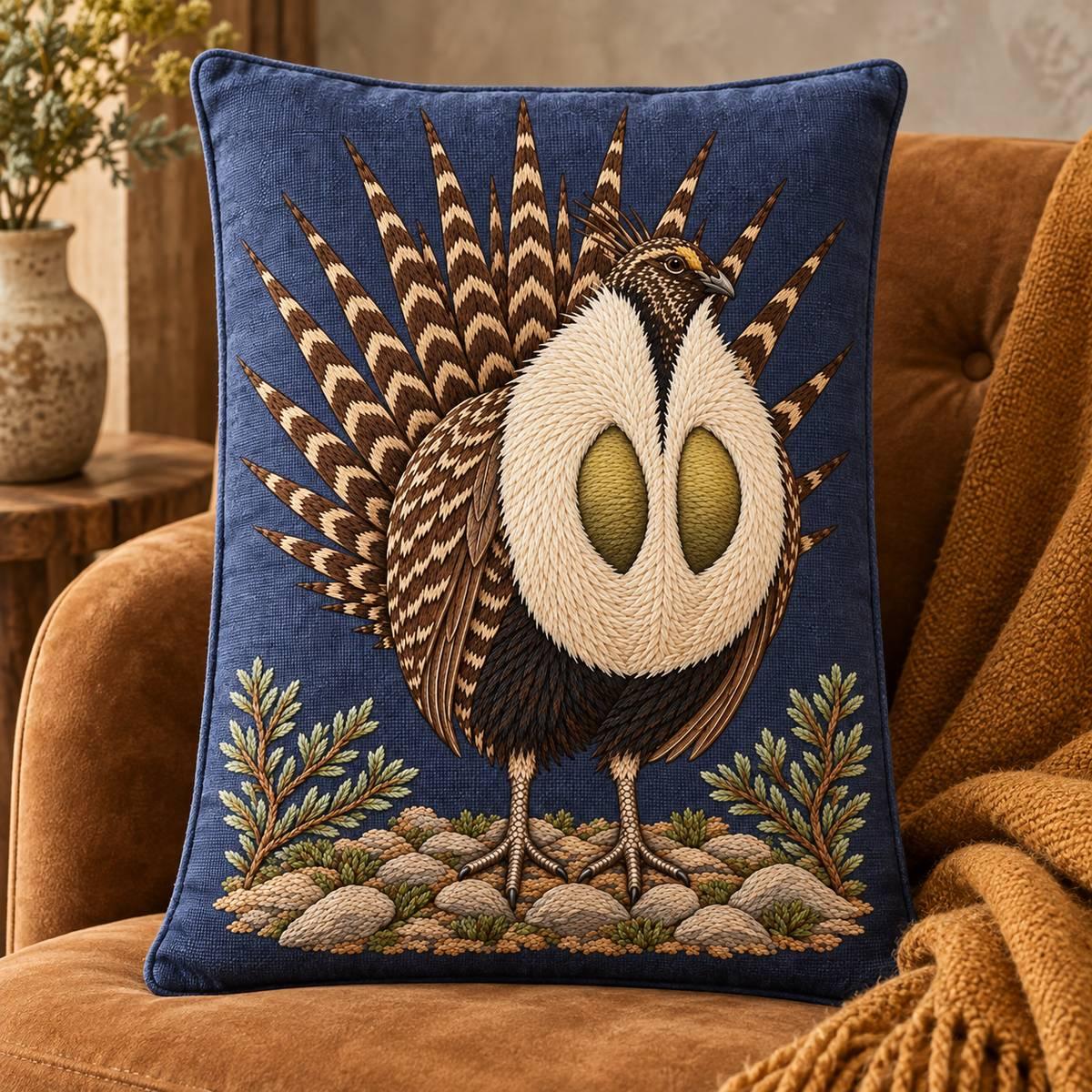 Sage Grouse embroidery design in a digital mockup of A tall bolster-like rectangular cushion with a broad flat portrait face, propped upright on a low suede lounge chair; earthy ochre throw aside, motif not wrapped around curved sides. Placement inspiration for Study 18.
