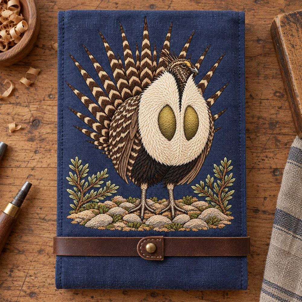Sage Grouse embroidery design in a digital mockup of A large portrait linen tool-roll case shown closed and completely flat from overhead, embroidered front above a narrow leather fastening below the motif; clean timber workbench, no strap crossing the bird. Placement inspiration for Study 18.