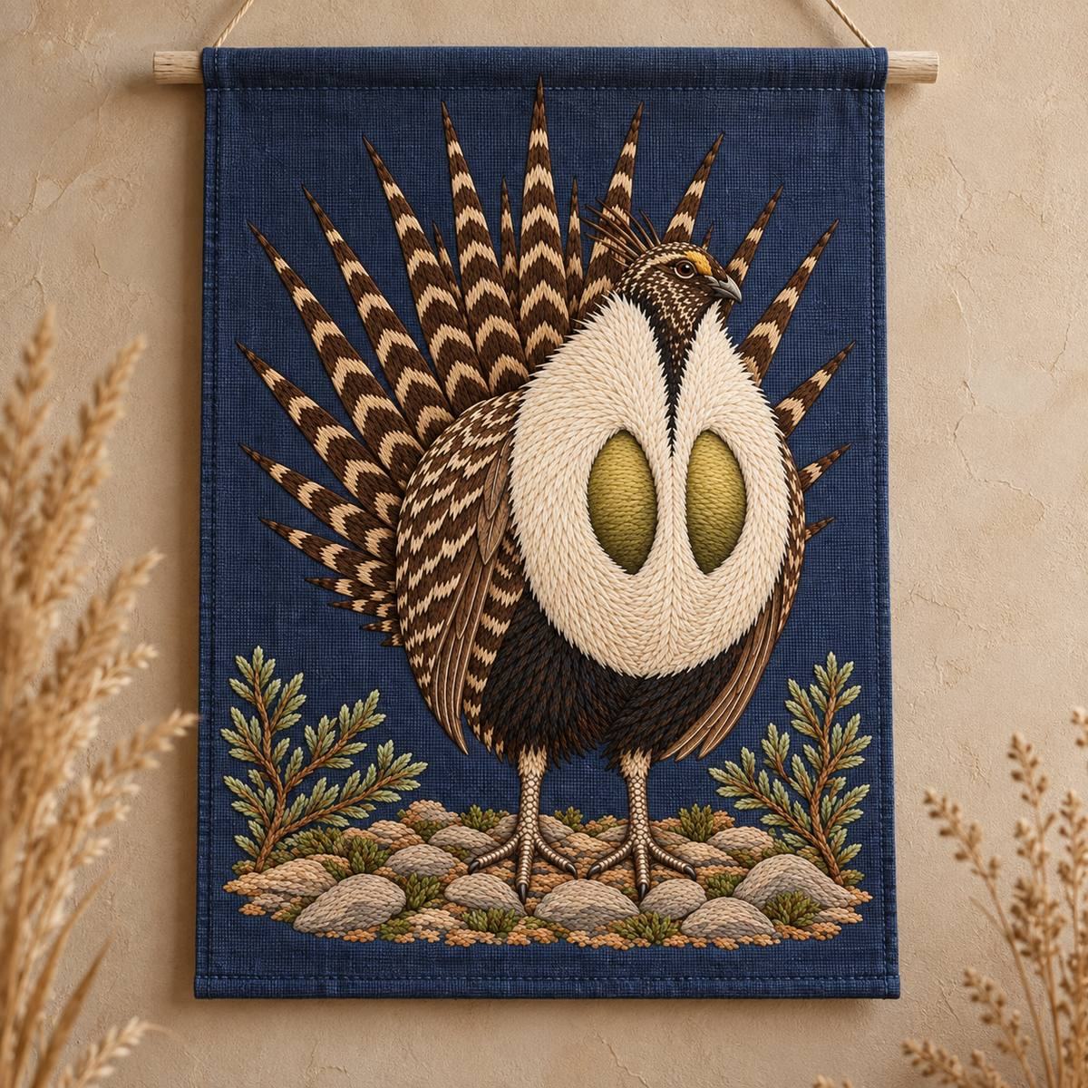 Sage Grouse embroidery design in a digital mockup of A vertical textile banner on a single pale ash dowel, hanging flat on a clay plaster wall; dried grasses only distant outside the embroidery, clear portrait field and whole tail fan. Placement inspiration for Study 18.