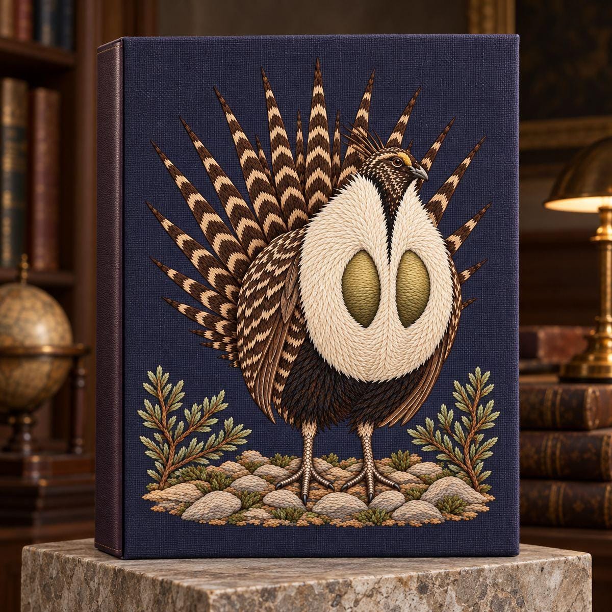 Sage Grouse embroidery design in a digital mockup of A tall linen-covered archival presentation box on a stone plinth, closed lid facing camera in portrait, smoky plum fabric and subtle leather spine, museum reading-room light. Placement inspiration for Study 18.