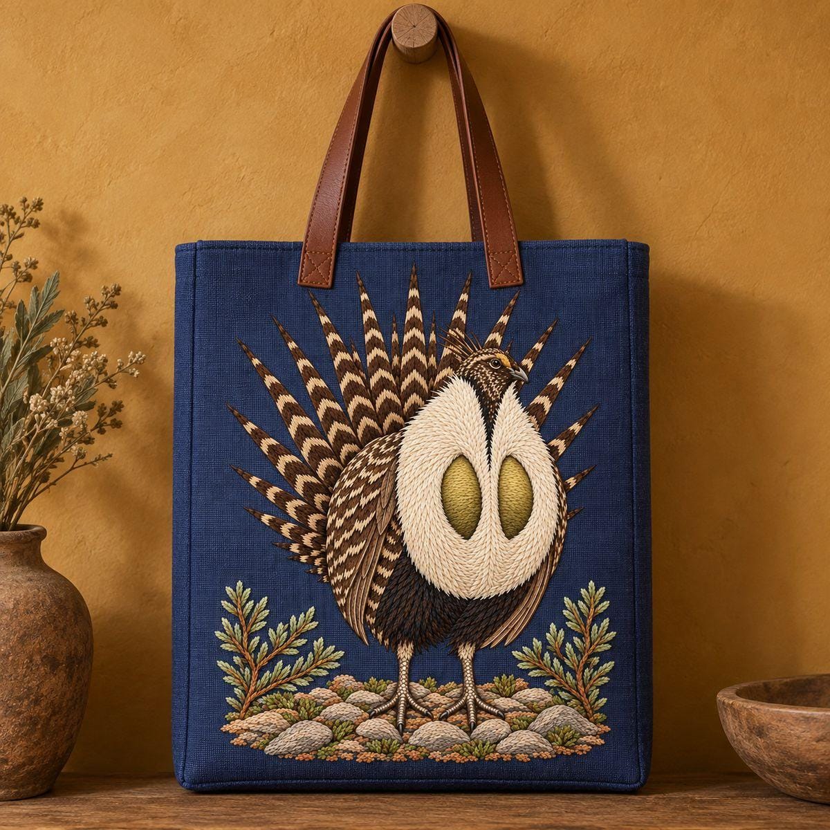 Sage Grouse embroidery design in a digital mockup of A structured tall shopping tote with a flat broad blue-plum front panel, hanging from a wall peg with its handles above the artwork; minimal ochre studio, full portrait motif not squeezed by the bag. Placement inspiration for Study 18.
