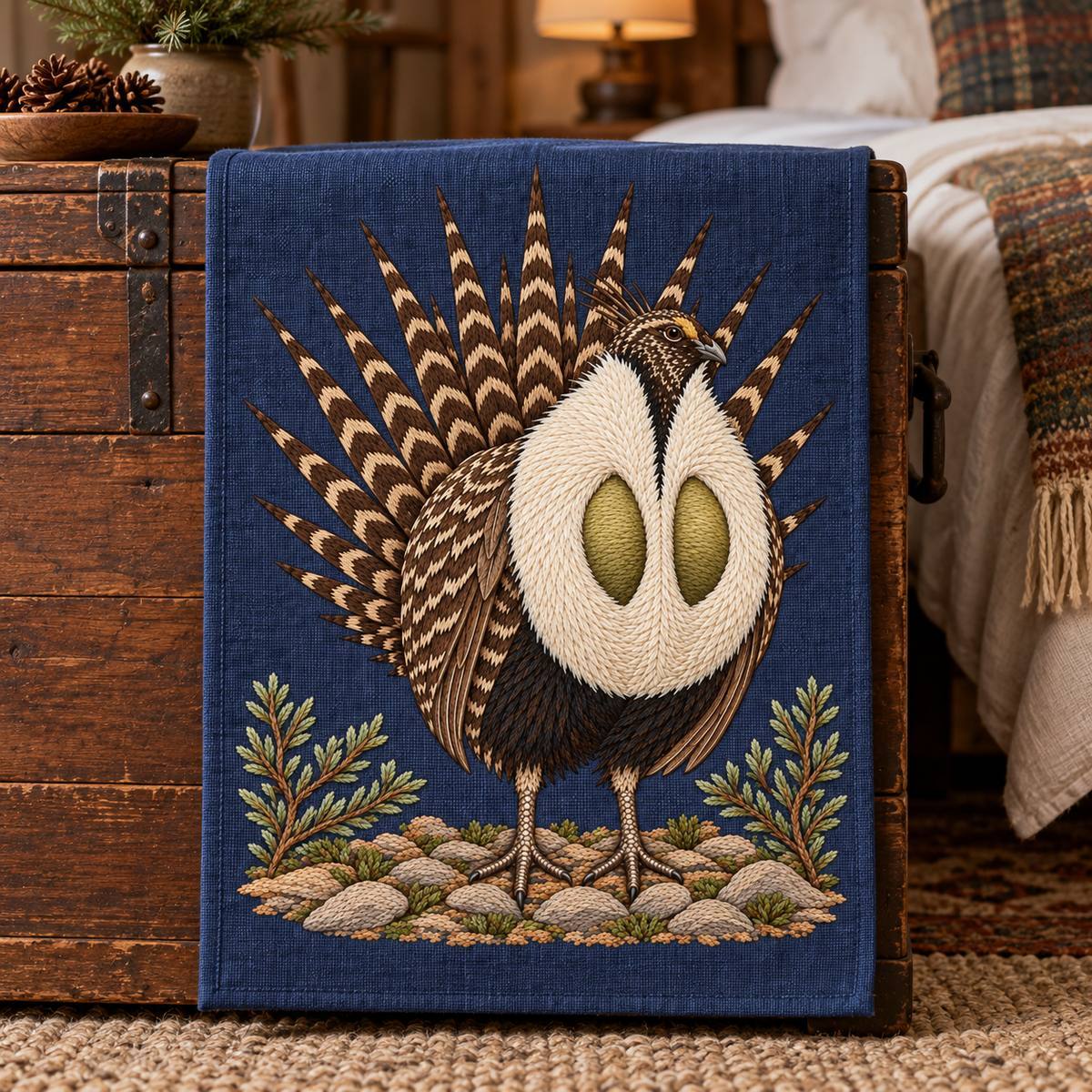 Sage Grouse embroidery design in a digital mockup of A portrait linen bed-end hanging on the side of a narrow wooden storage trunk, fully flat and unobstructed; quiet lodge bedroom, camera frontal, no horizontal stretching. Placement inspiration for Study 18.