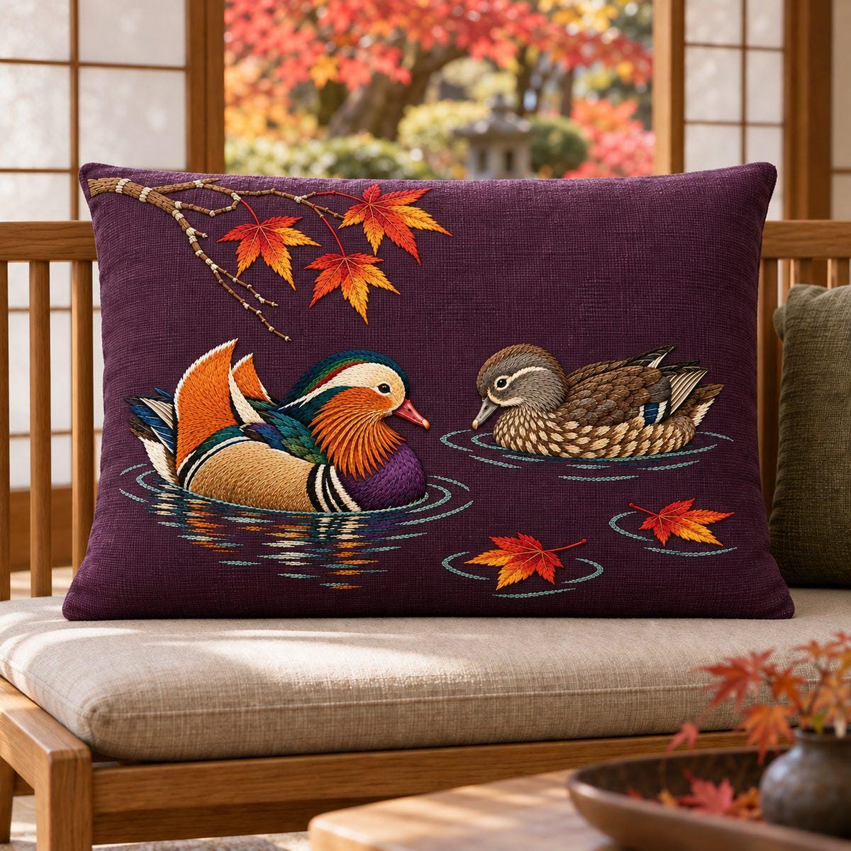Mandarin Duck Pair embroidery design shown in a digital mockup of A landscape aubergine linen panel in the back of a low Japanese-inspired oak settee, full design frontal; autumn garden seen softly through shoji-style glazing. Study 19.