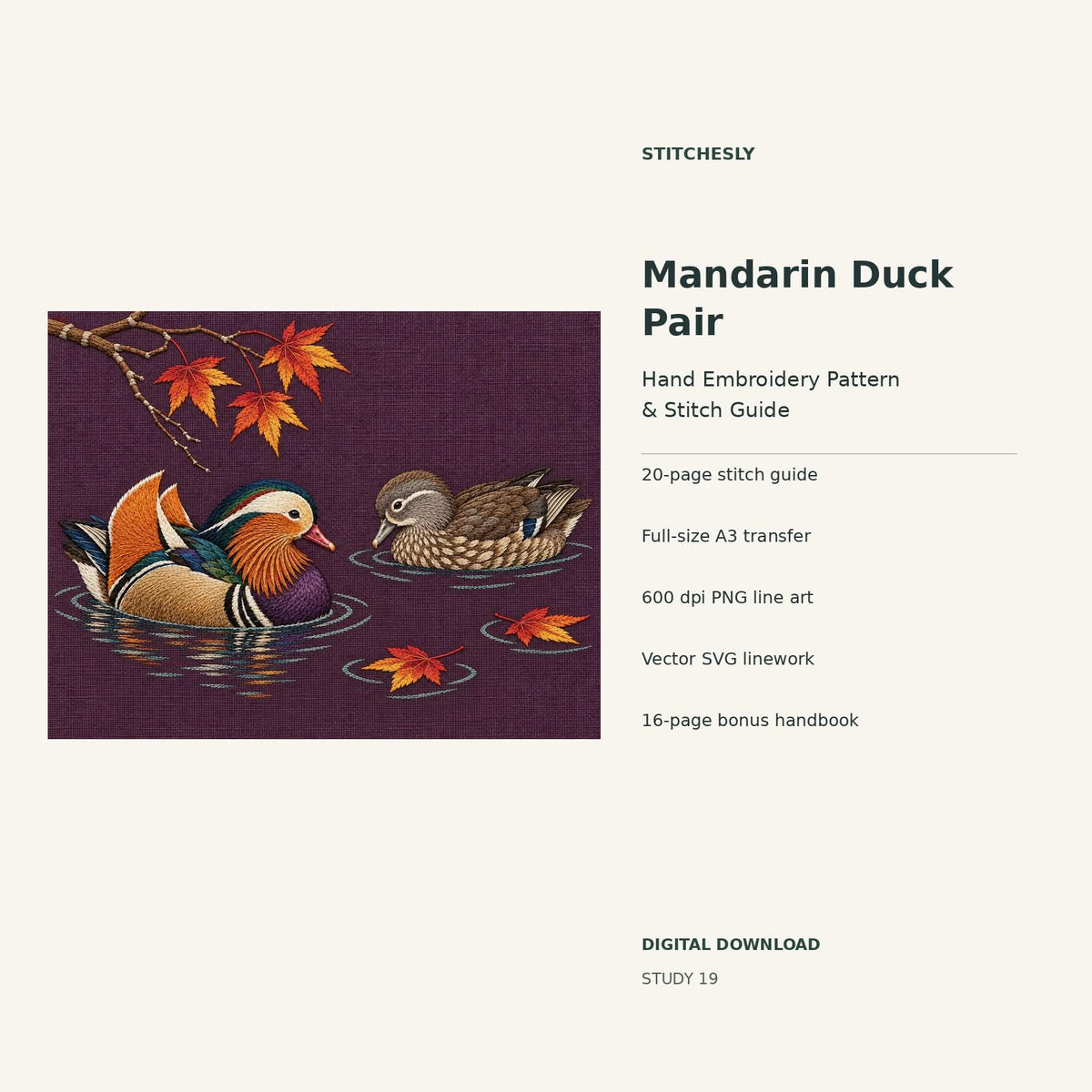 Mandarin Duck Pair hand embroidery digital package cover showing the reference artwork and included guide, transfer, PNG, SVG and bonus handbook.
