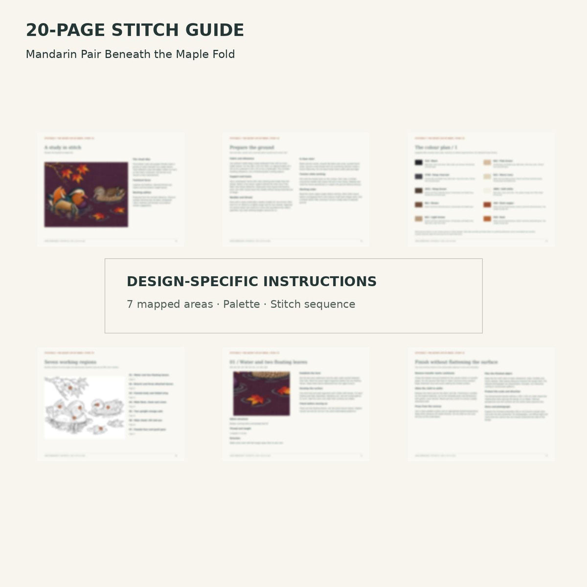 Protected page overview of the 20-page Mandarin Duck Pair stitch guide, including its numbered map, suggested palette and working sequence.