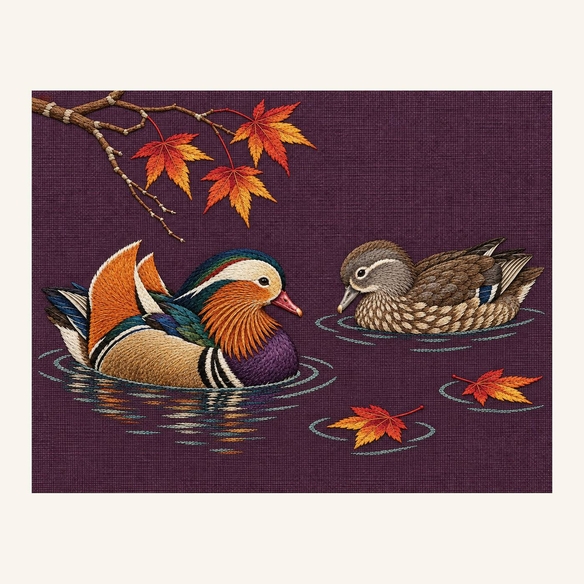 Digital embroidery reference showing a mandarin duck pair with maple leaves on deep muted aubergine linen, landscape composition.