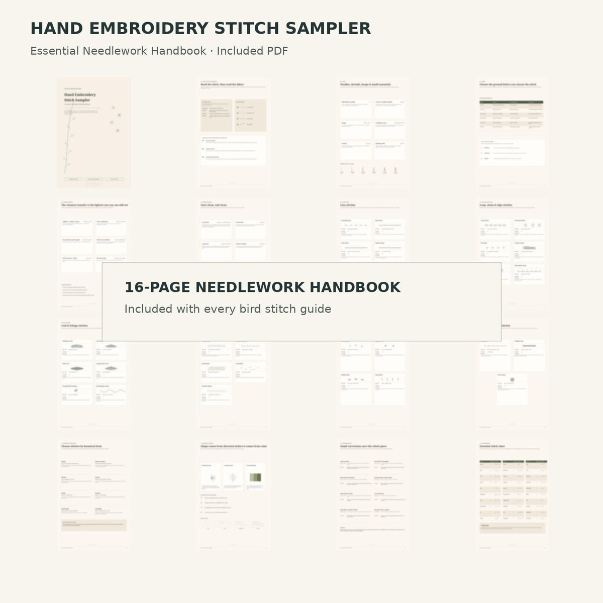 Hand Embroidery Stitch Sampler - Essential Needlework Handbook, protected 16-page overview of the included bonus PDF.