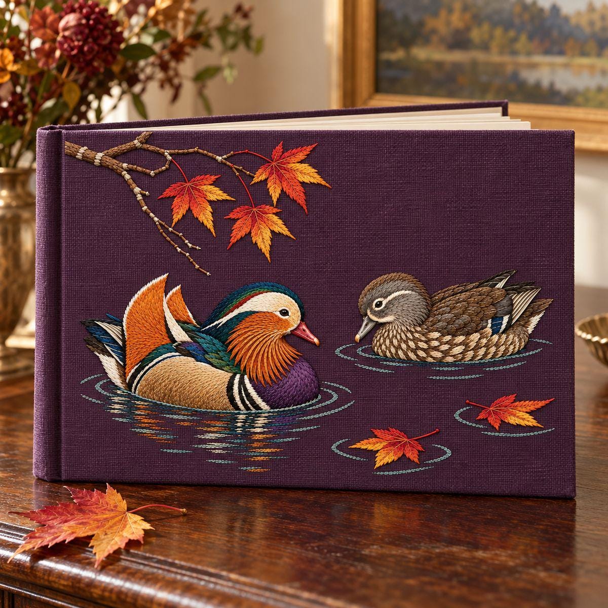 Mandarin Duck Pair embroidery design in a digital mockup of A large landscape cloth-covered guest book resting open only slightly on a gallery welcome table, embroidered front cover fully visible and nearly perpendicular to camera; a single maple leaf off to the side. Placement inspiration for Study 19.