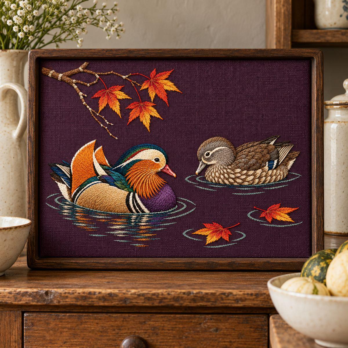 Mandarin Duck Pair embroidery design in a digital mockup of A rectangular aubergine linen inset in a shallow dark-wood serving-board display, standing vertically on a kitchen dresser as decorative art, ivory ceramics arranged well outside the panel. Placement inspiration for Study 19.