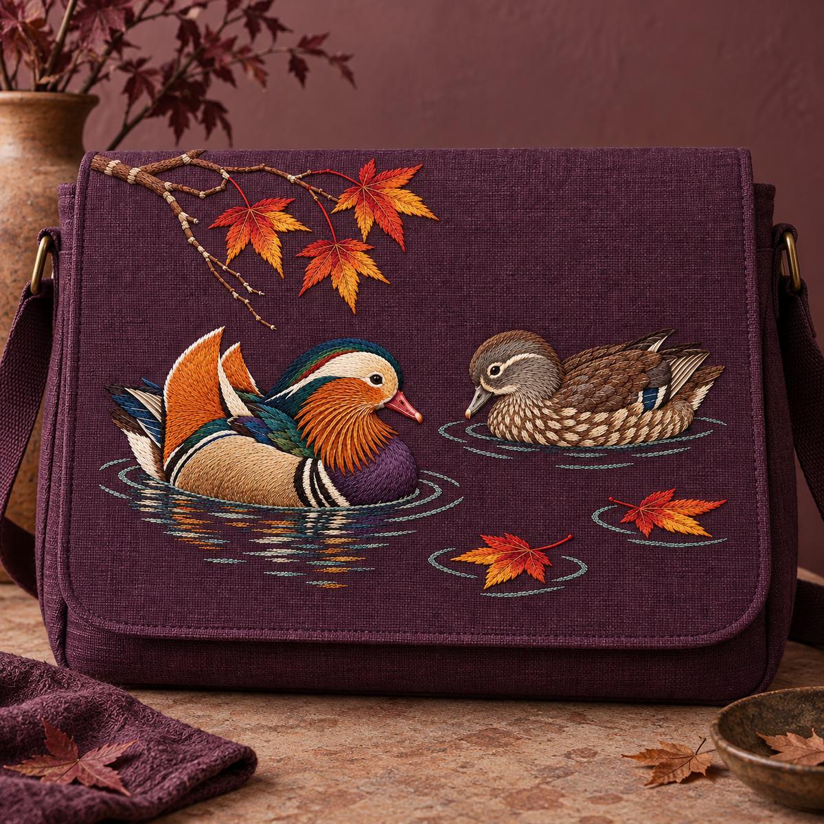 Mandarin Duck Pair embroidery design in a digital mockup of A broad flat embroidered flap on a messenger-style art bag standing upright against a studio wall; strap runs outside the picture area, muted clay and aubergine setting. Placement inspiration for Study 19.