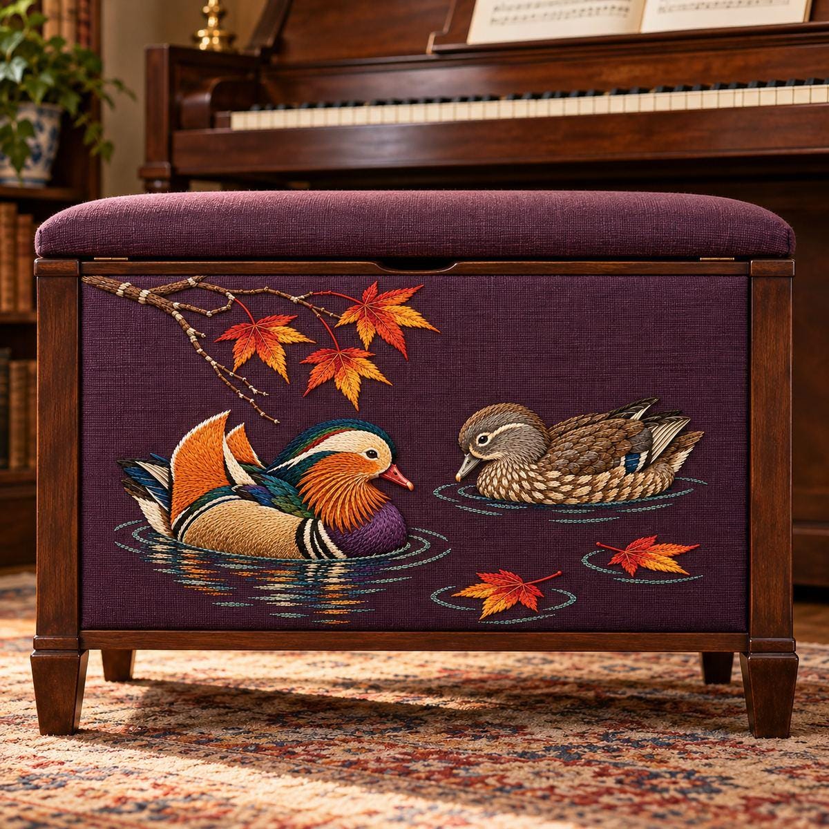 Mandarin Duck Pair embroidery design in a digital mockup of A horizontal textile panel across the closed front of a piano-bench storage compartment, camera low and frontal, warm music room; no legs or objects obscure either duck. Placement inspiration for Study 19.