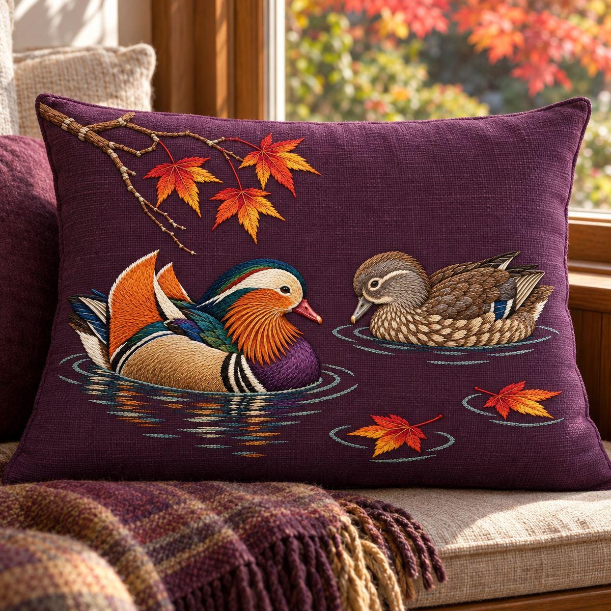 Mandarin Duck Pair embroidery design in a digital mockup of A landscape embroidered cushion on a broad window seat, thick aubergine linen with only gentle edge creases, early autumn light and a blurred maple garden outside. Placement inspiration for Study 19.