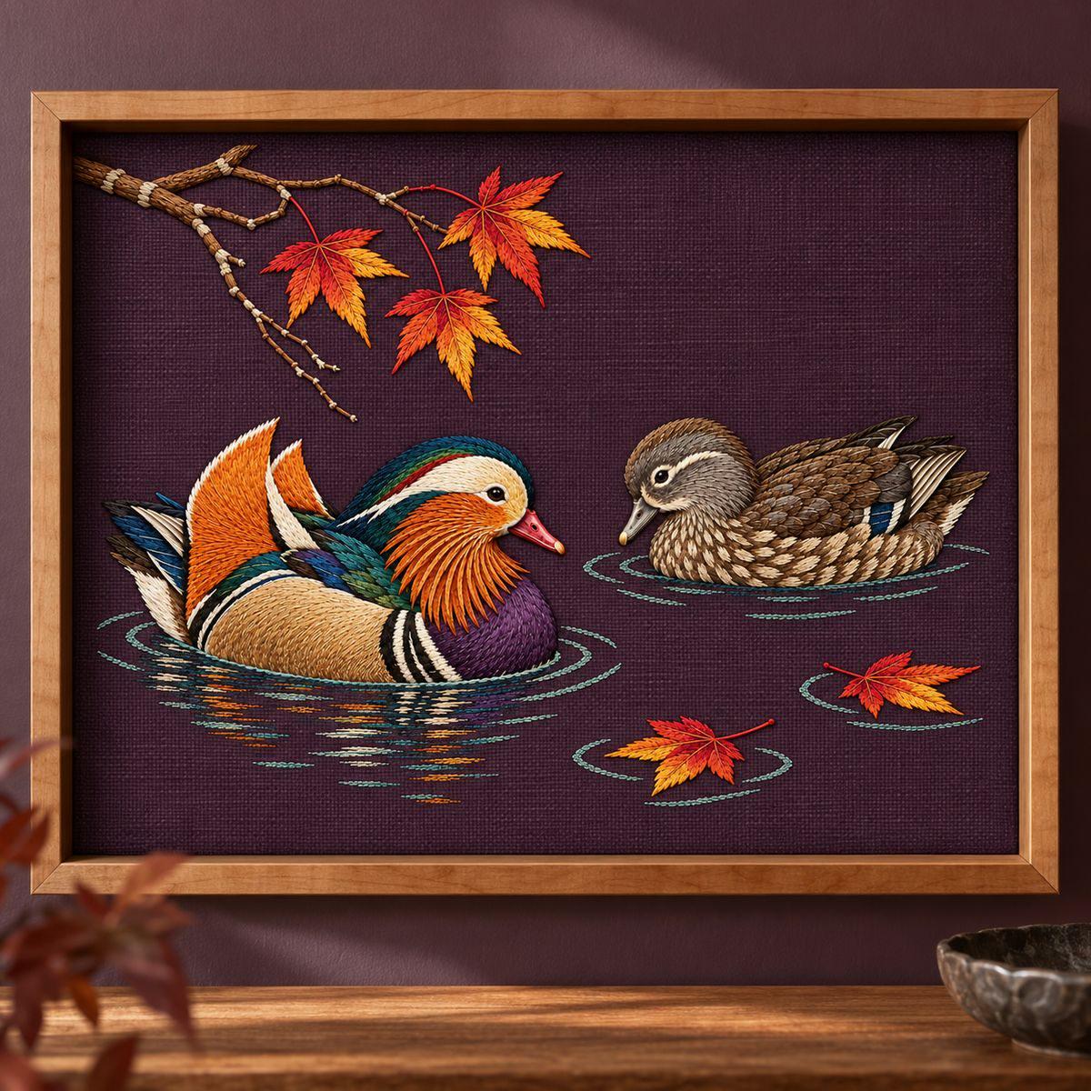 Mandarin Duck Pair embroidery design in a digital mockup of A shallow maple-wood wall case with a wide aubergine linen backing displaying only the embroidered pair, no collectibles or glass glare, refined natural-history gallery wall. Placement inspiration for Study 19.