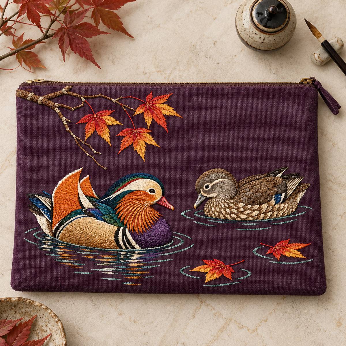 Mandarin Duck Pair embroidery design in a digital mockup of A wide rectangular keepsake pouch laid fully flat on a pale stone tabletop, top-down view; a closed ceramic ink pot and brush rest outside the motif, no text or branding. Placement inspiration for Study 19.