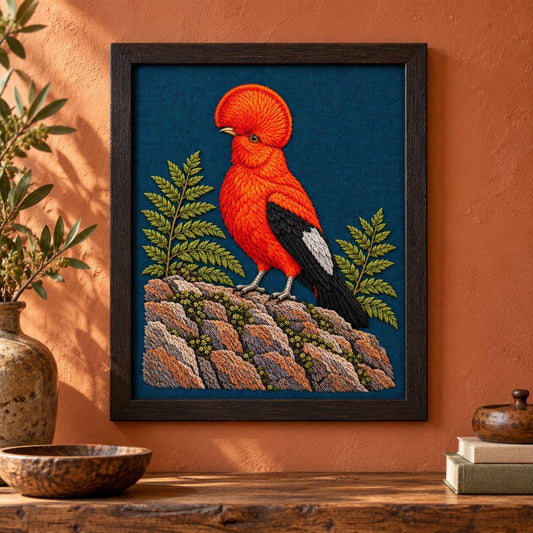 Cock of the Rock hand embroidery design on a framed wall display. Digital placement mockup; finished item and materials are not included.