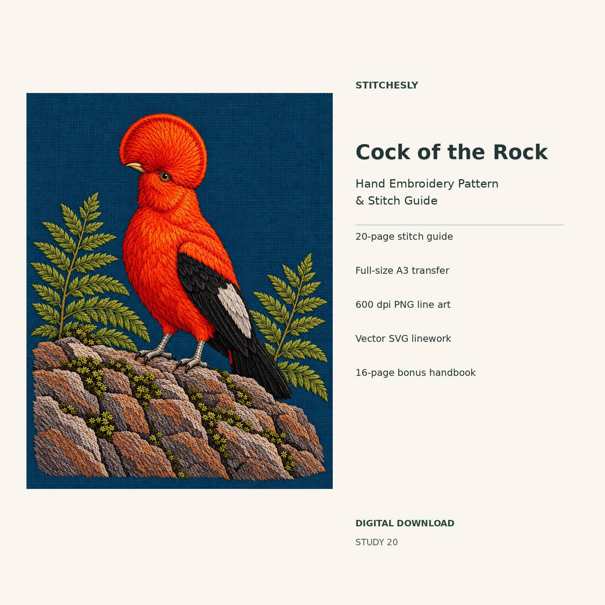 Cock of the Rock hand embroidery digital package cover showing the reference artwork and included guide, transfer, PNG, SVG and bonus handbook.