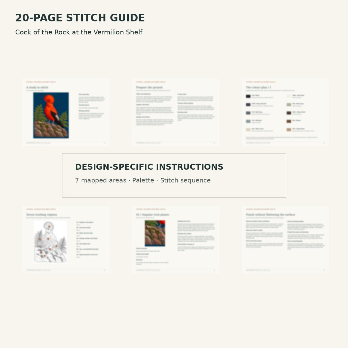 Protected page overview of the 20-page Cock of the Rock stitch guide, including its numbered map, suggested palette and working sequence.