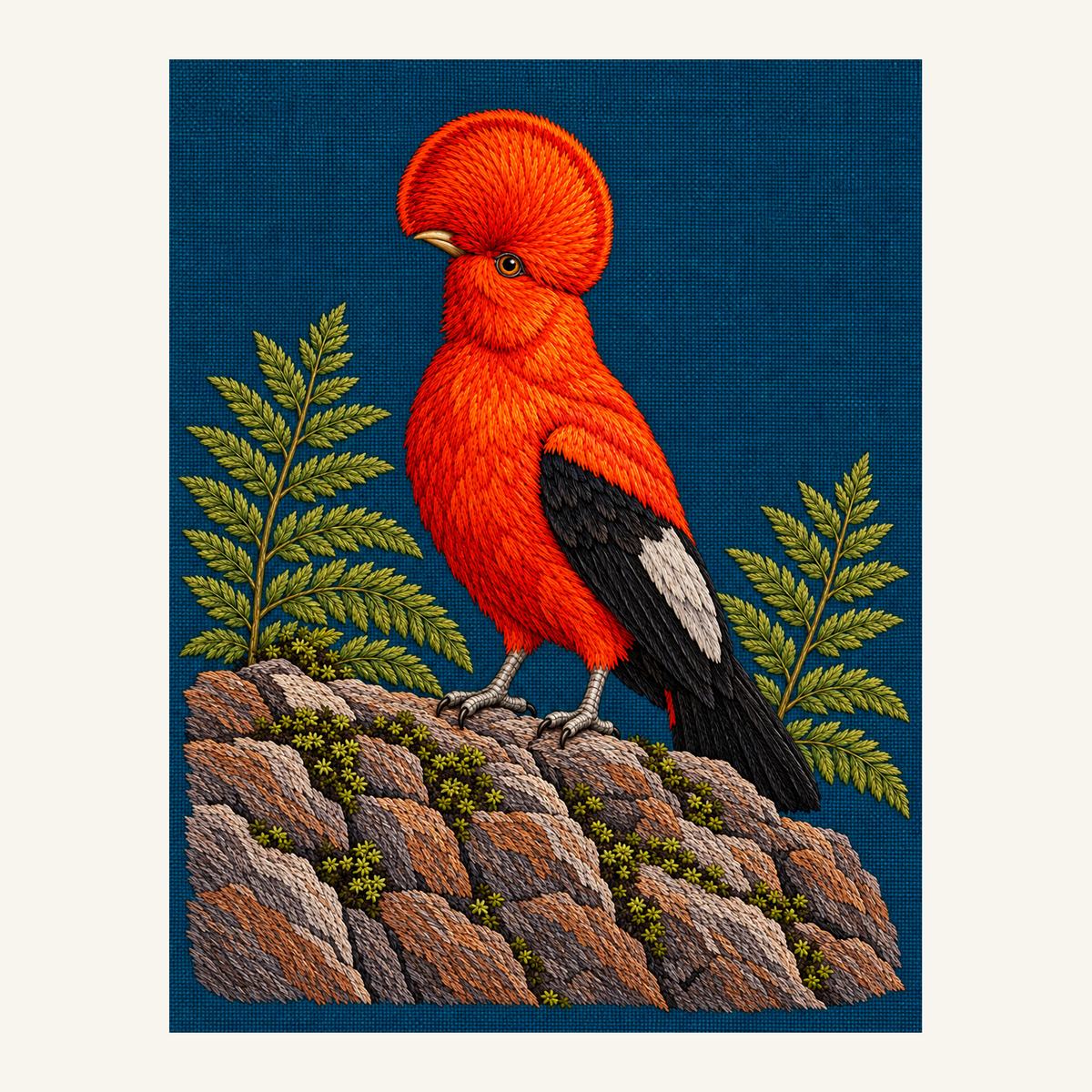 Digital embroidery reference showing an upright cock of the rock above a ledge on deep petrol linen, portrait composition.