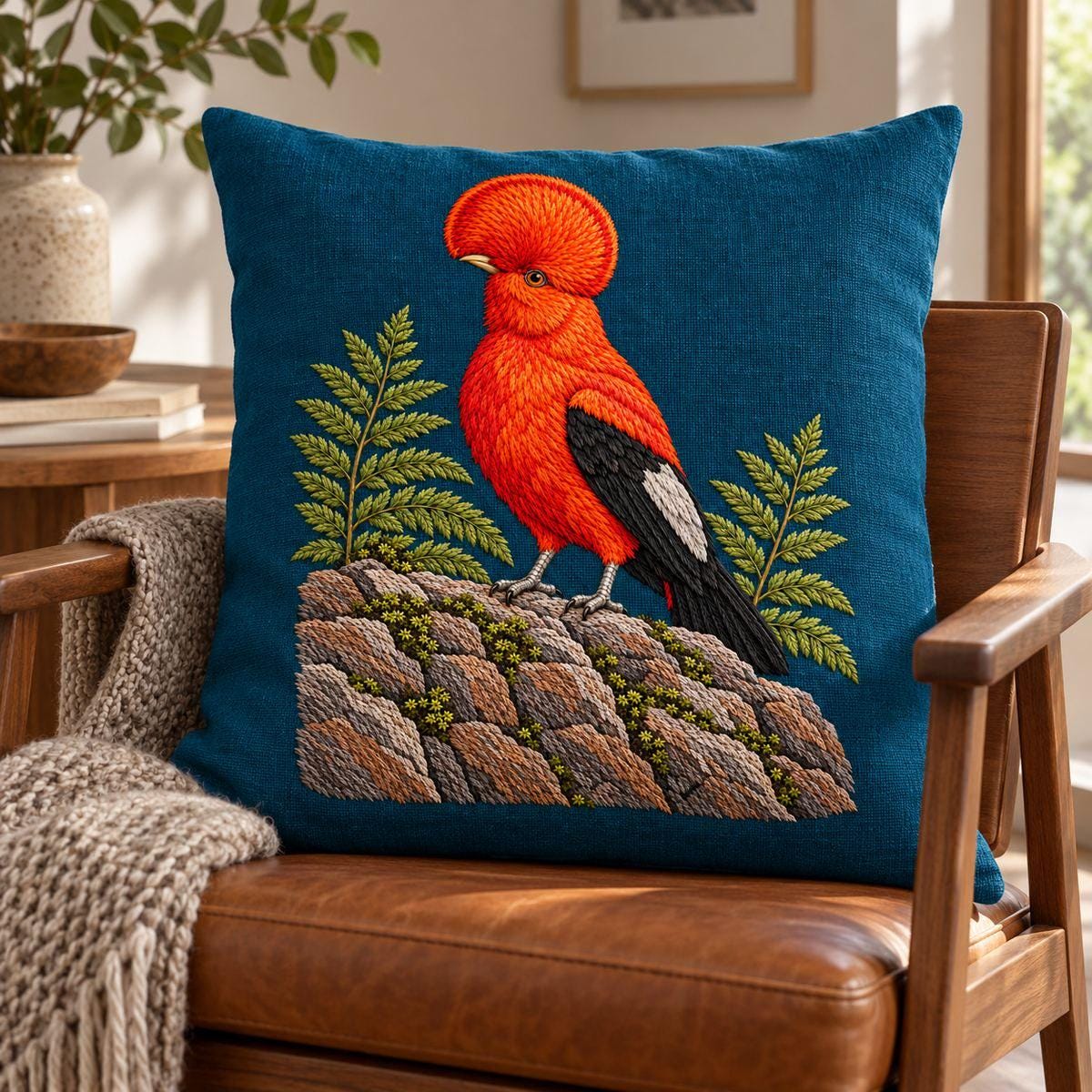 Cock of the Rock hand embroidery design on a blue cushion on a chair. Digital placement mockup; finished item and materials are not included.