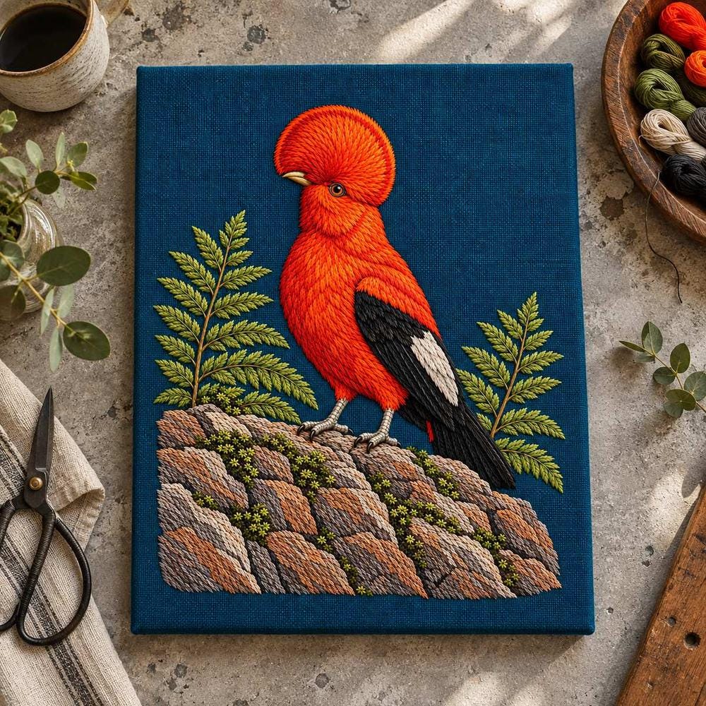 Cock of the Rock hand embroidery design on a blue textile folio. Digital placement mockup; finished item and materials are not included.