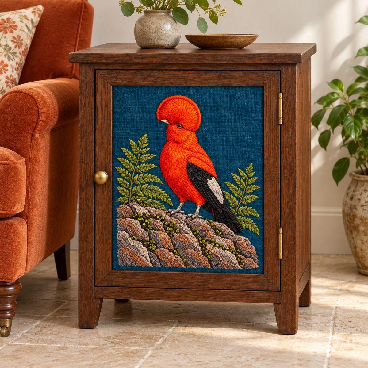 Cock of the Rock hand embroidery design on a small wooden side cabinet. Digital placement mockup; finished item and materials are not included.