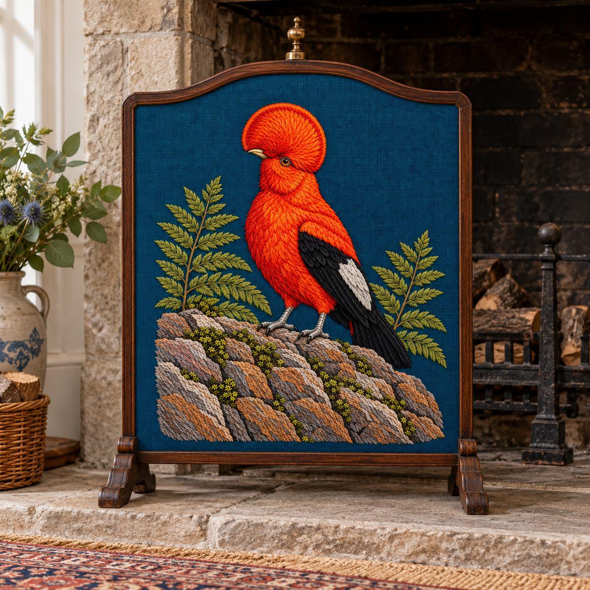 Cock of the Rock hand embroidery design on a freestanding fireplace screen. Digital placement mockup; finished item and materials are not included.