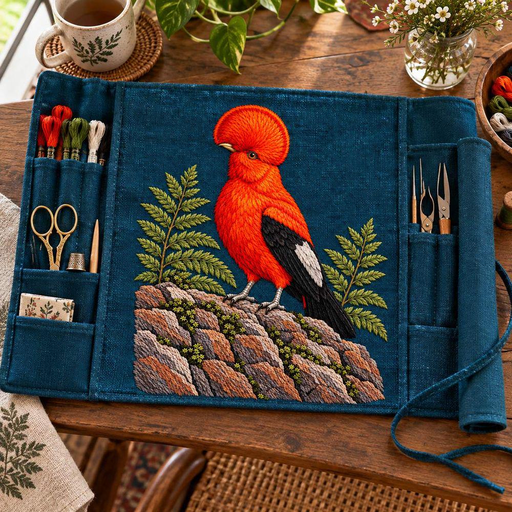 Cock of the Rock embroidery design in a digital mockup of petrol panel on opened flat art-tool roll in a sculptor studio. Placement inspiration for Study 20.