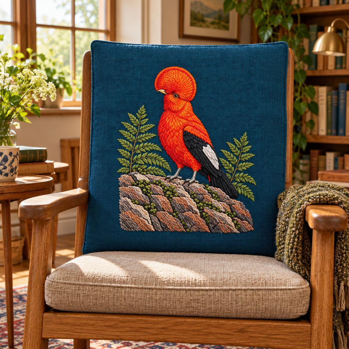 Cock of the Rock embroidery design in a digital mockup of petrol cushion on a curved plywood chair by concrete wall. Placement inspiration for Study 20.