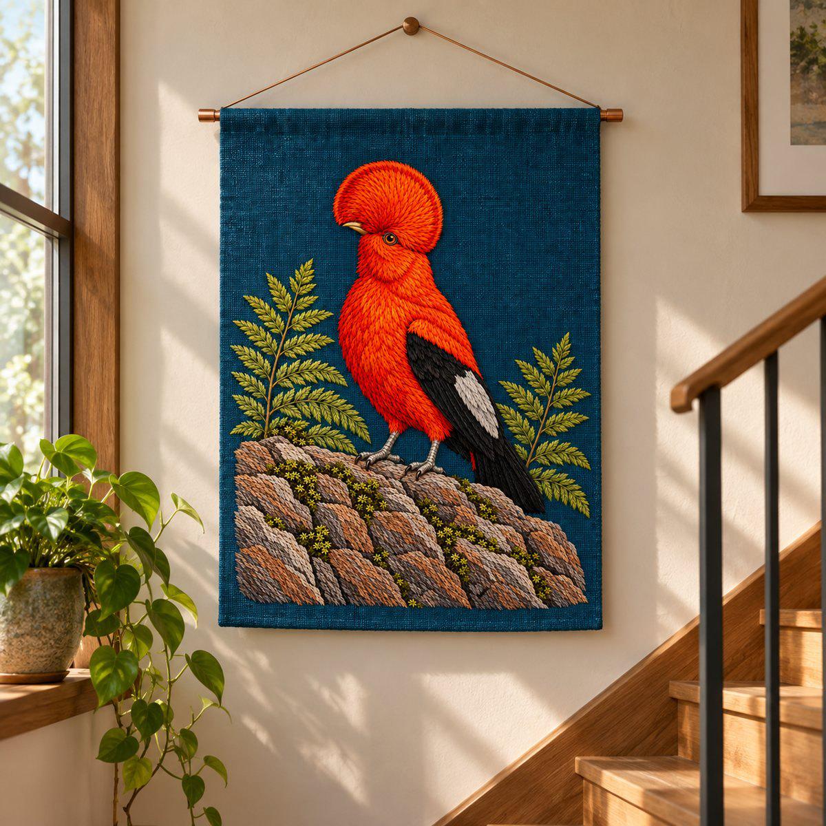 Cock of the Rock embroidery design in a digital mockup of petrol wall panel suspended from copper rod in a modern stairwell. Placement inspiration for Study 20.