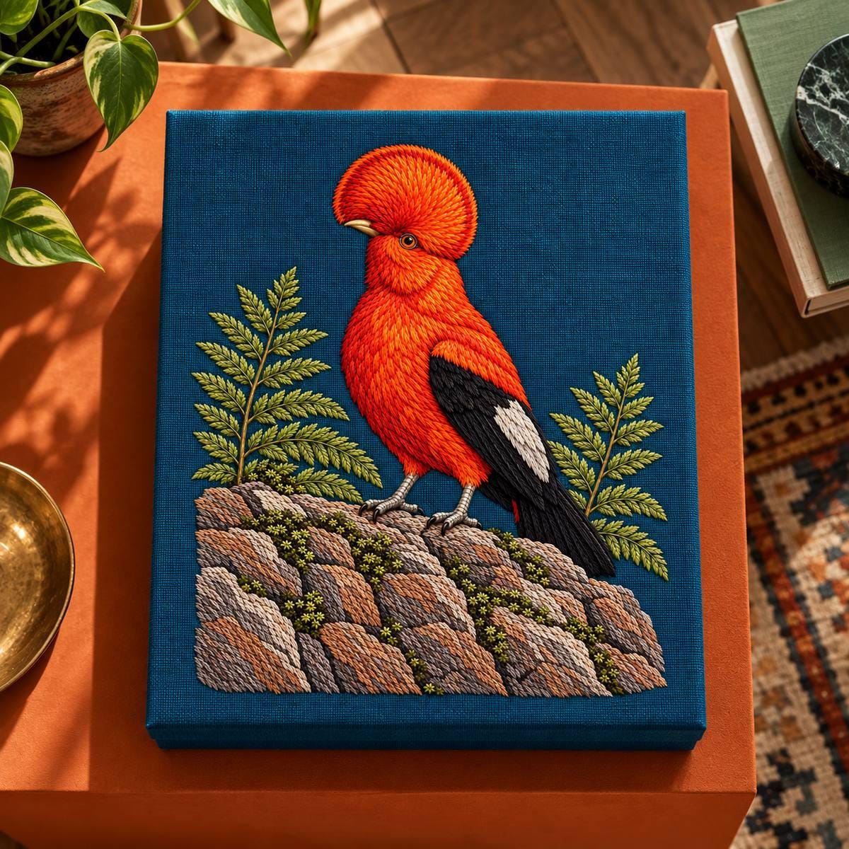 Cock of the Rock embroidery design in a digital mockup of petrol presentation-box lid on burnt-orange plinth, overhead. Placement inspiration for Study 20.
