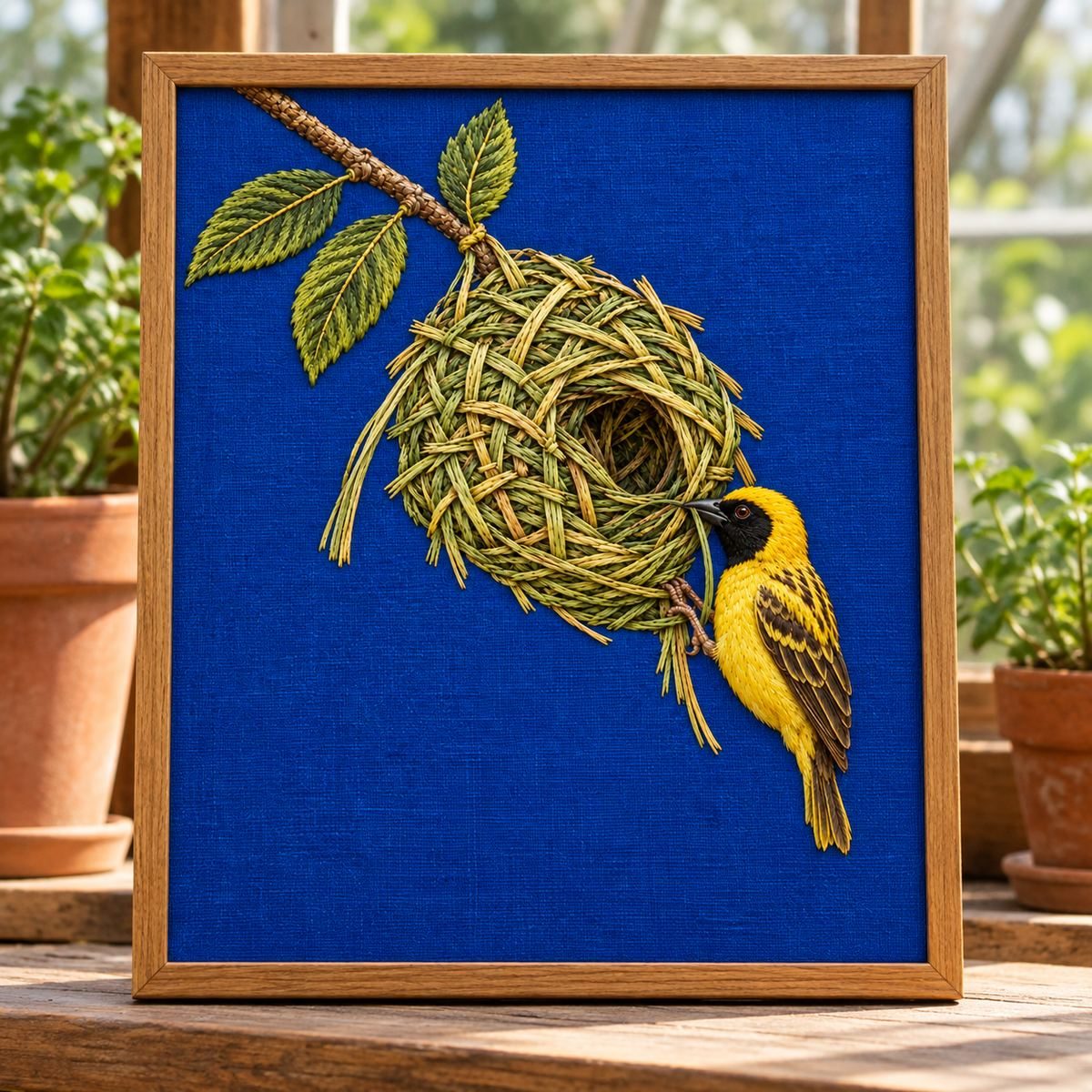 Weaverbird embroidery design shown in a digital mockup of A portrait textile frame propped on a wide greenhouse potting shelf, thin natural-wood frame, complete nest branch above and bird below; soft green background with no plant crossing the embroidery. Study 21.