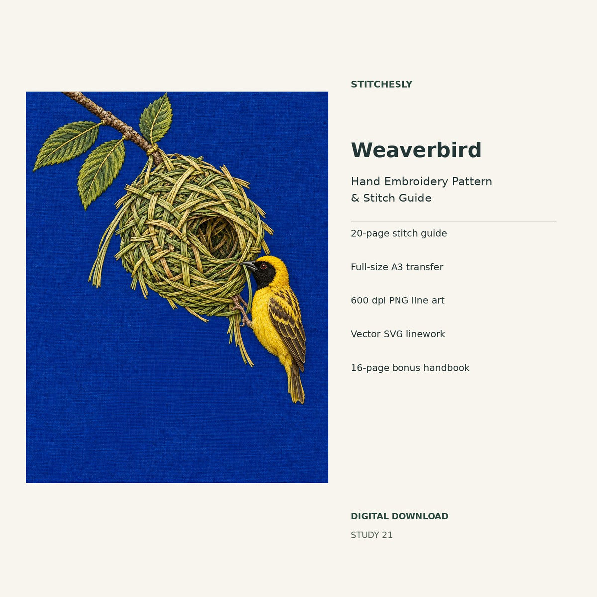 Weaverbird hand embroidery digital package cover showing the reference artwork and included guide, transfer, PNG, SVG and bonus handbook.