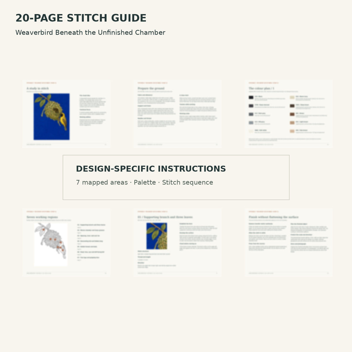 Protected page overview of the 20-page Weaverbird stitch guide, including its numbered map, suggested palette and working sequence.