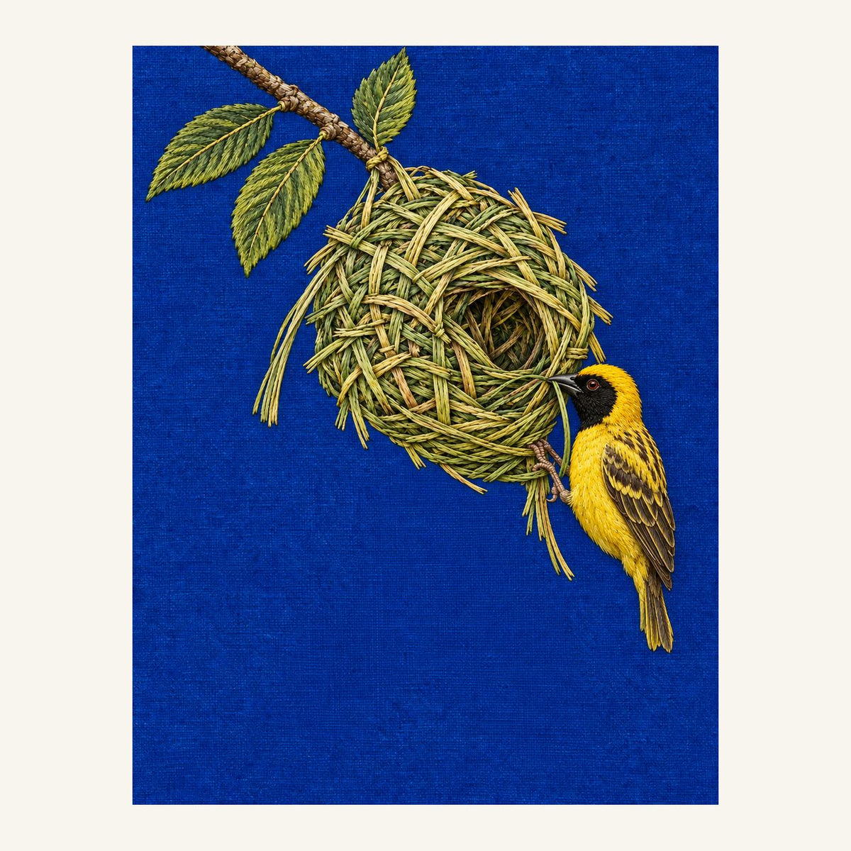 Digital embroidery reference showing a weaverbird building a hanging nest on muted cobalt-plum linen, portrait composition.