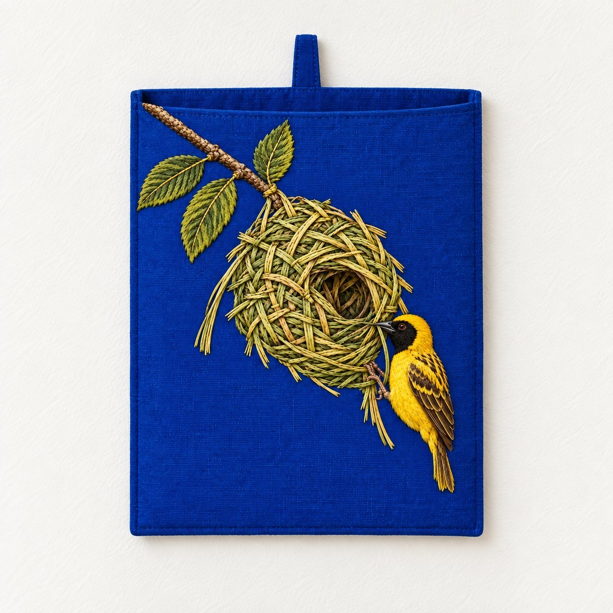 Weaverbird embroidery design in a digital mockup of A tall cobalt-plum linen wall organiser with one flat uninterrupted embroidered front pocket, empty pocket opening above the branch and no items covering it; bright maker's workspace. Placement inspiration for Study 21.