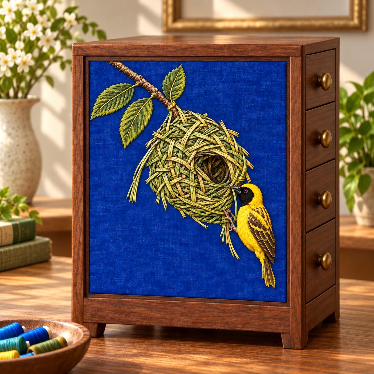 Weaverbird embroidery design in a digital mockup of A portrait textile panel on the side of a tall narrow wooden thread cabinet, front-facing photograph of that side; small spools on a separate shelf and warm daylight. Placement inspiration for Study 21.