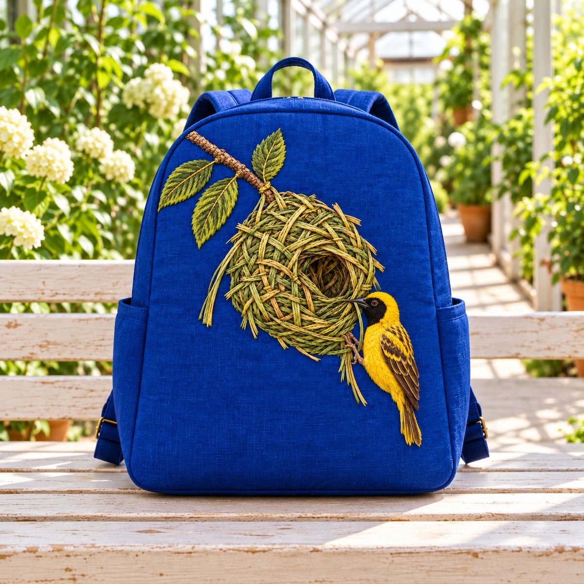 Weaverbird embroidery design in a digital mockup of A structured cobalt-plum backpack standing upright on a pale bench, embroidered portrait panel on its front with zipper and straps entirely outside artwork; calm greenhouse passage. Placement inspiration for Study 21.