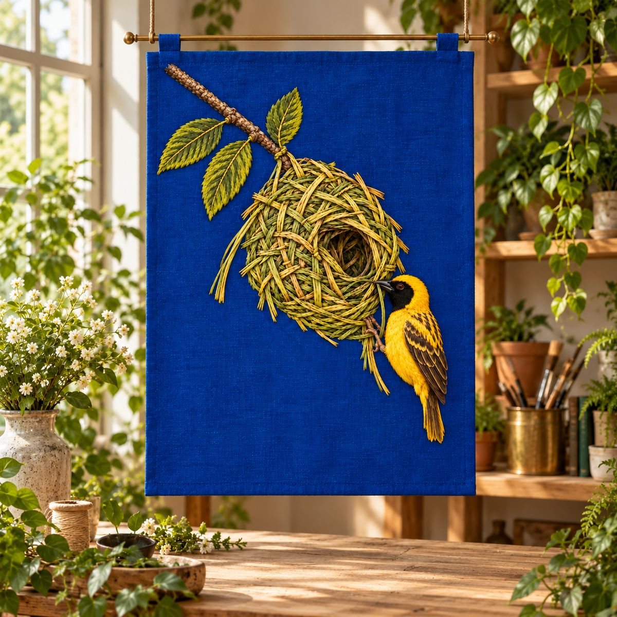 Weaverbird embroidery design in a digital mockup of A portrait hanging sewn to a slim brass rod in a botanical workroom, flat uncreased cloth, real leafy plant far to the side; nest at top and hanging bird below clearly legible. Placement inspiration for Study 21.