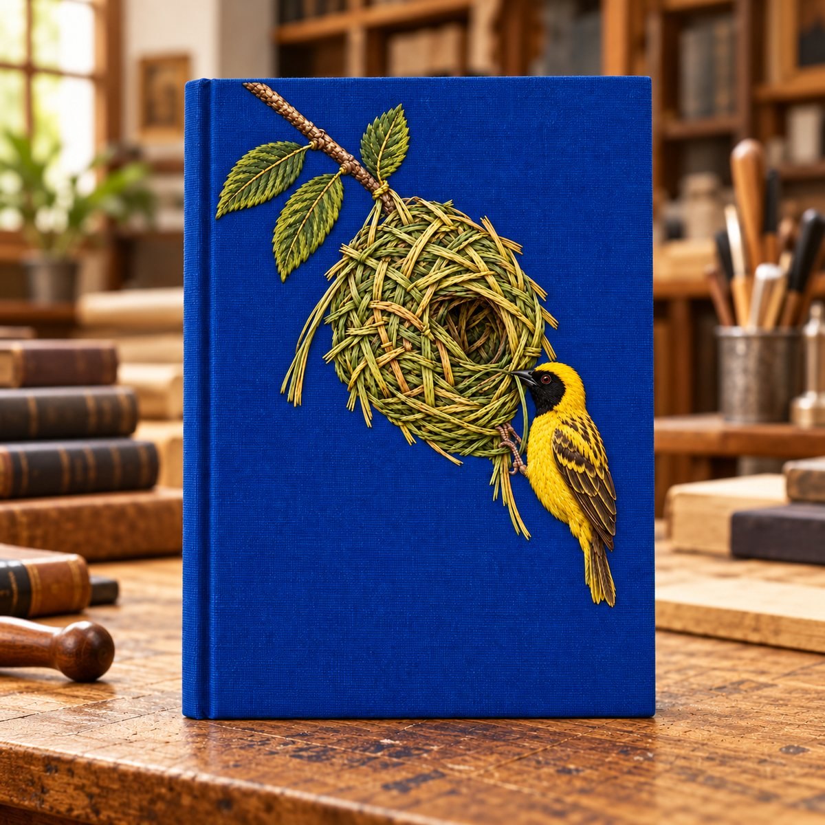 Weaverbird embroidery design in a digital mockup of A tall padded bookbinding cover standing closed on an artisan's table, complete portrait embroidery on cobalt-plum linen; bone folder and paper stack separated from the cover. Placement inspiration for Study 21.