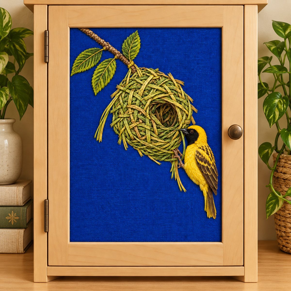 Weaverbird embroidery design in a digital mockup of A removable embroidered tall linen panel on the door of a light birch wall cupboard, nursery-free adult craft interior with neutral pottery, full hanging-bird composition unobstructed. Placement inspiration for Study 21.